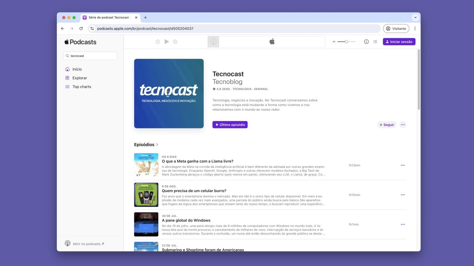 Aplicativo de podcasts da Apple agora disponível na web para todos.
