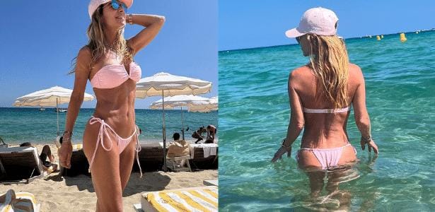Esposa de Galvão Bueno exibe beleza em praia de Saint Tropez.