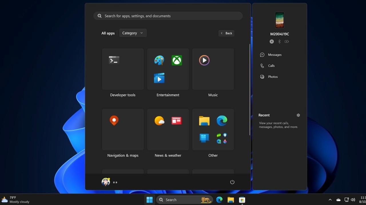 O novo Menu Iniciar do Windows 11 com aplicativos agrupados em caixas.